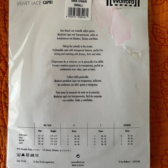 Wolford Women’s Lime Cream Velvet Lace Capri - Size Small - Picture 3 of 3